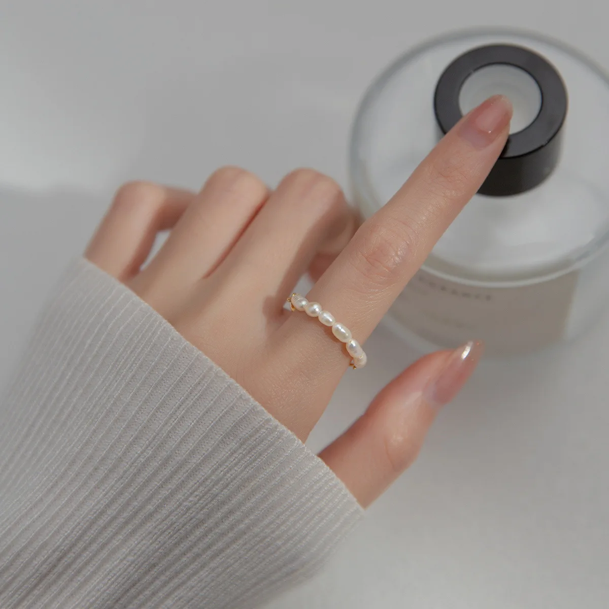 Daidan Ring Silver 925 Adjustable Pearl Elastic Adjustable Chain Fresh Water Pearl Beaded Ring