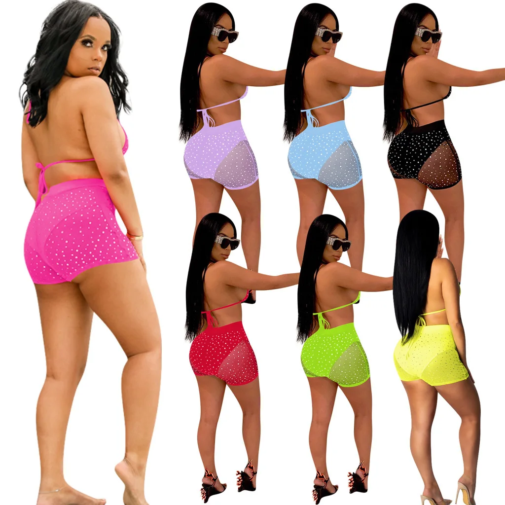 FM-3694 в европейском и американском стиле; Женская обувь из сетчатого материала с блестками костюм со штанами комплект из 2 предметов, комплект с шортами для ночных клубов; Комплект