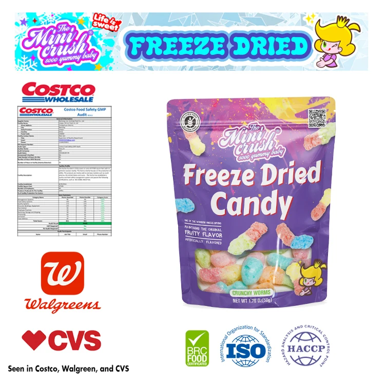Crunch Candies Sour Gummy Worms Fruity Flavored Freeze-Dried Sweet and Sour Confectionery in Bag Packaging