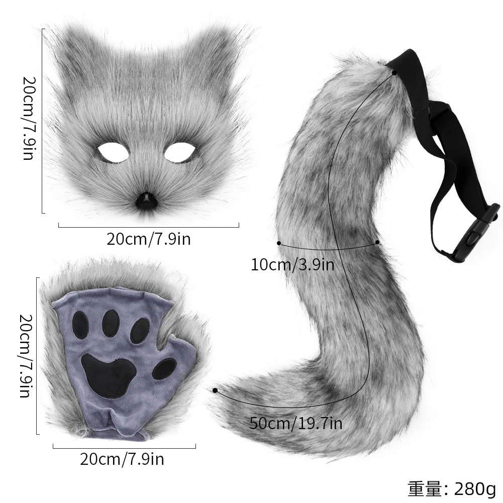 CM251 Luxury Faux Fur Fox Cat Mask Tail and Gloves Costume for Women Girls Halloween Party Wolf Cosplay