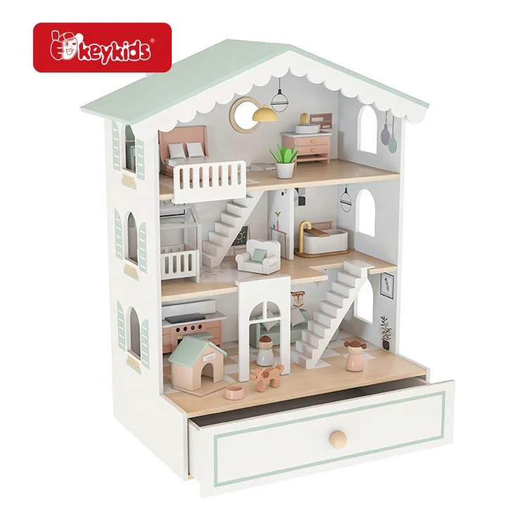 Фабрика FSC OEM детские игрушки деревянная вилла кукольный домик с ящиком для хранения W06A578