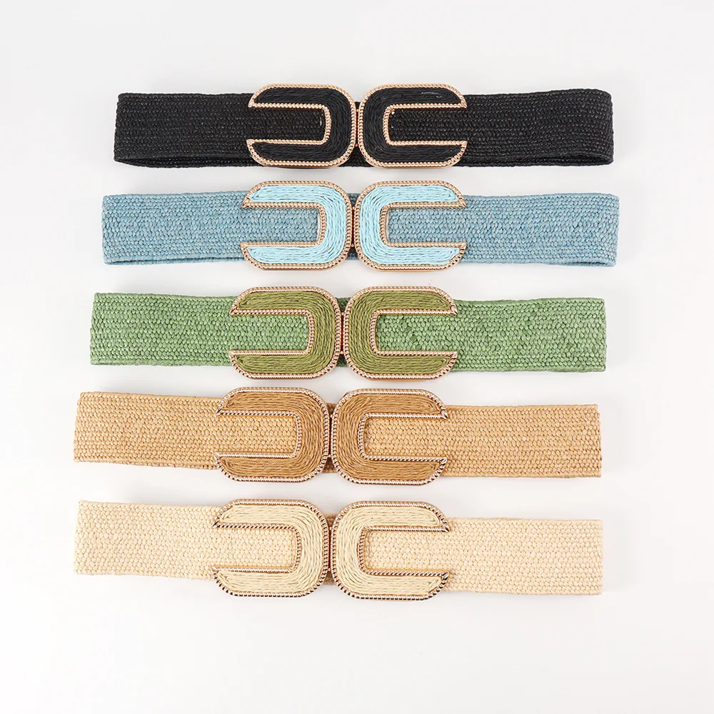 New designs Bohemian Style Square Metal Buckle Straw Woven Wide Belt Decorative Dress Shirt women elastic belts