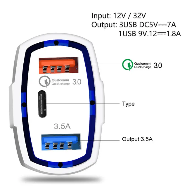  Автомобильное зарядное устройство 35 Вт 7A 3 порта Type C и USB-зарядное QC 0 с технологией быстрой зарядки
