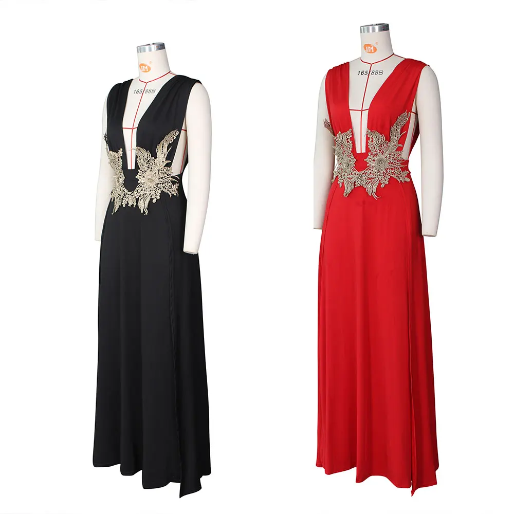 Женское вечернее платье макси элегантное однотонное Повседневное с длинной юбкой и глубоким V-образным вырезом двойным разрезом для вечеринки на