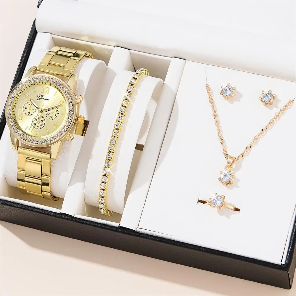 Fashion 5pcs Jewelry Gift Set Rose Gold Ladies Watch Sets Quartz Geneva Diamond Bracelet Stud Earring Necklace Jewelry Set