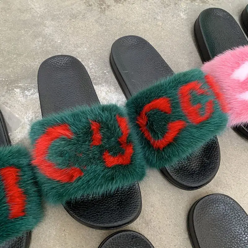 Real mink leather slippers mink leather slides custom logo and color mix fluffy