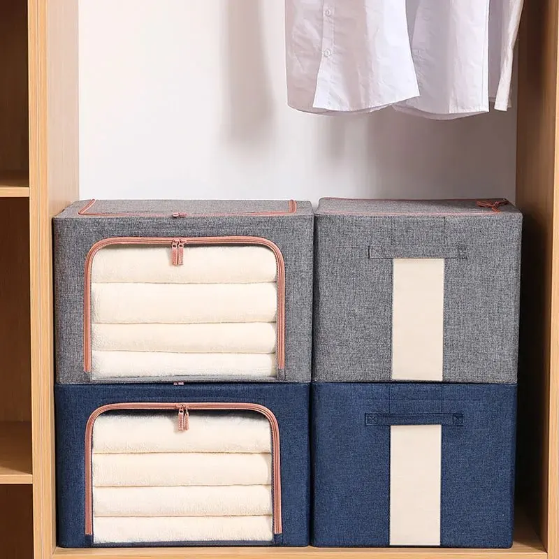 66L Custom Logo Cotton And Linen Folding Fabric Storage Boxes Large Moving Crushed Steel Frame Clothes Quilt Toy Organizer