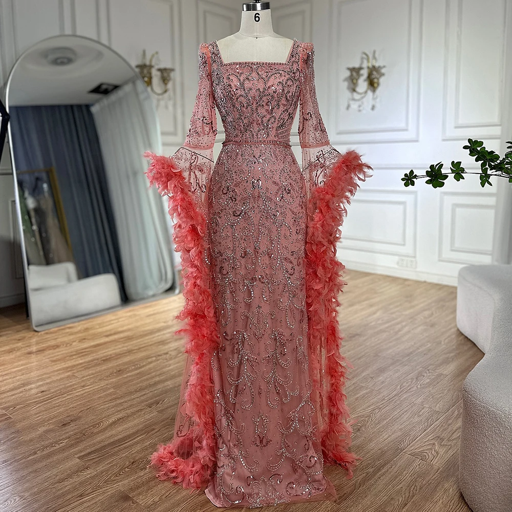 Flared Sleeves Mermaid Peach Beaded Feather Evening Dresses Serene Hill LA72767 Formal Party Gowns For Women