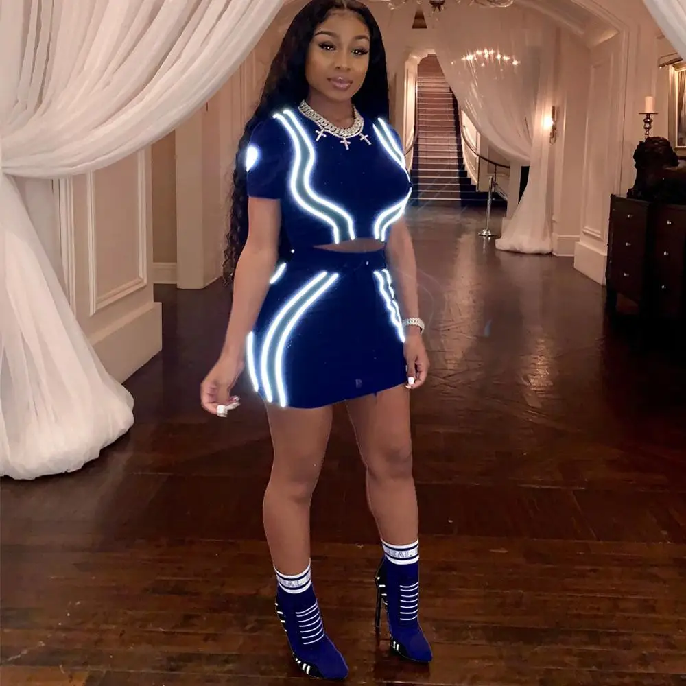 Women Bodycon Sexy Casual Dress Women Two Piece Set Clothing 2 Piece Sets Outfits  Lady Elegant Neon Reflective Clothing Dresses