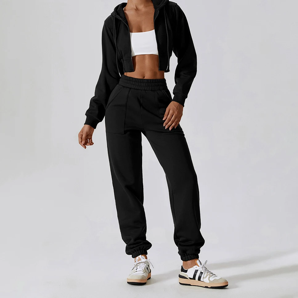 YIYI With Fleece Autumn Winter Outdoor Street Sports Wear With Hoodies Jackets High Waist Jogger Pants Set Women Sweat Suit Sets