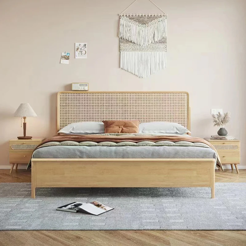 New Indonesian rattan Nordic full solid wood bed modern minimalist log 1.8m 1.5 double retro Japanese style king size bed