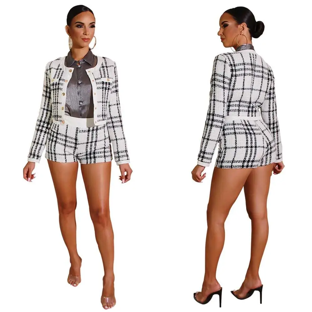 new arrival fall clothing plaid jacket and short pant 2 piece set women outfit