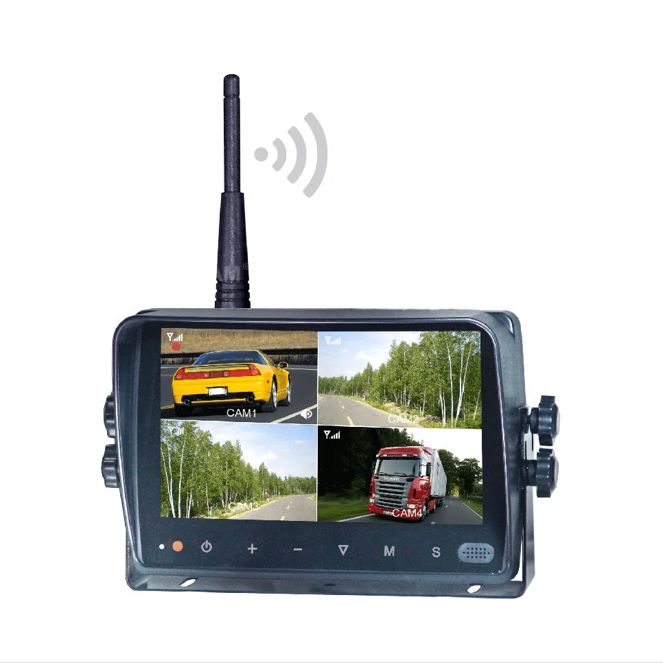 Rear view wireless camera monitor for car truck bus which support quad view and auto pairing