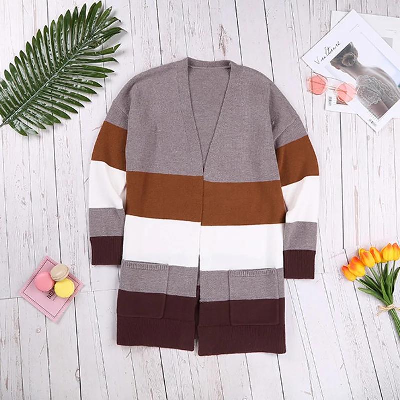 Fall Winter 2024 Casual Open Front Cardigan Sweater Long Sleeve Color Block Knitted Cardigan For Women