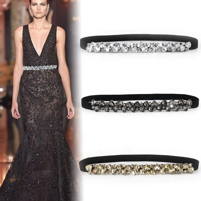 Rhinestone Elastic Belts for Women Dresses Full Crystal Gem Black Female Waist Belt For Dress (1600195952107)
