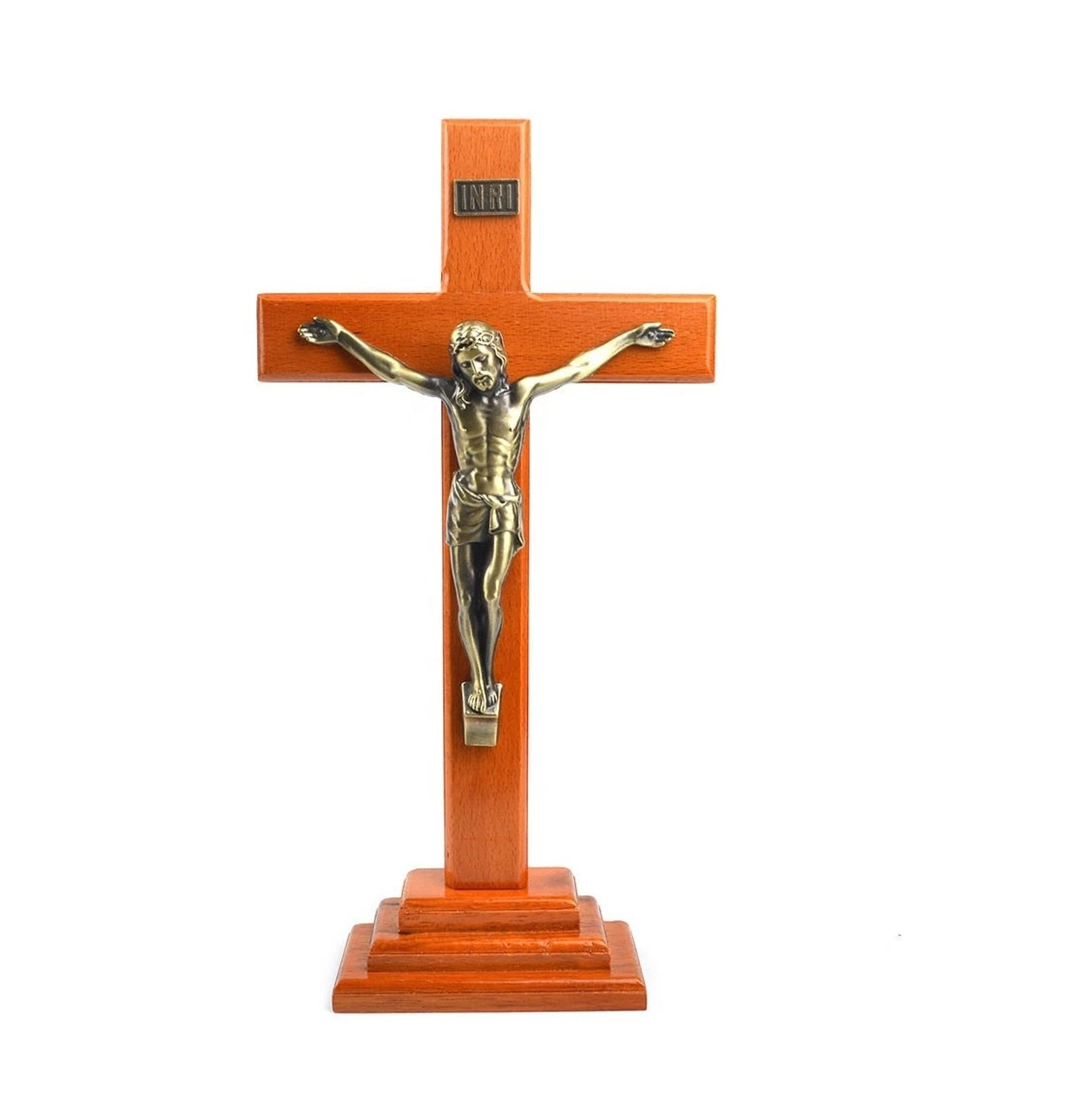 Wholesale Custom Decoration Religious Jesus Church Christian Handmade Rustic Craft Base Standing Wooden Cross