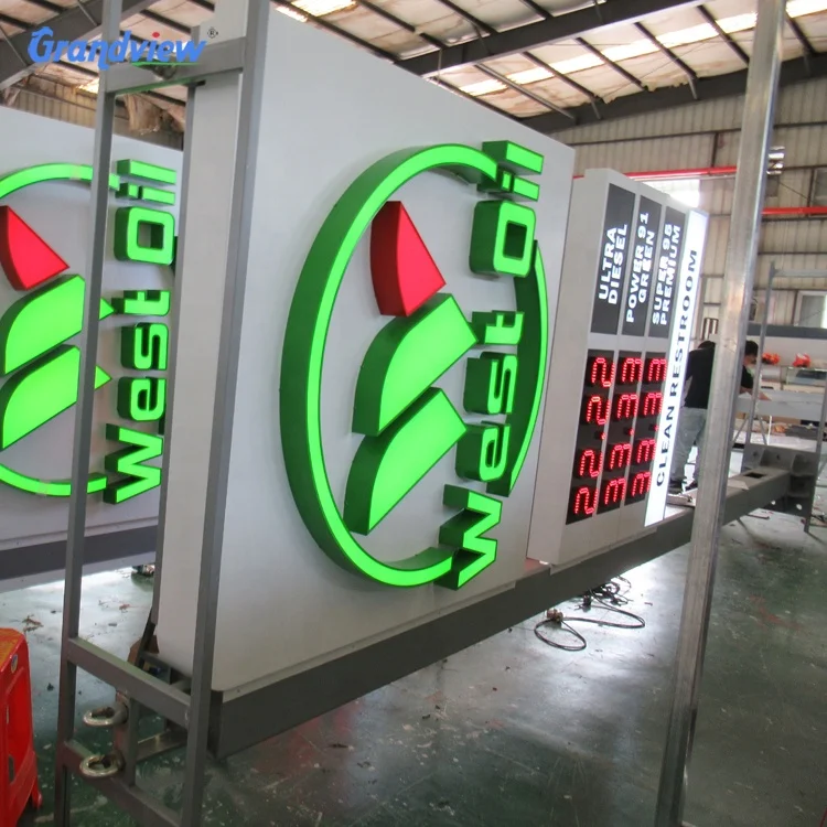 Gas station side filling petrol advertising prime pylon sign with digit fuel price board