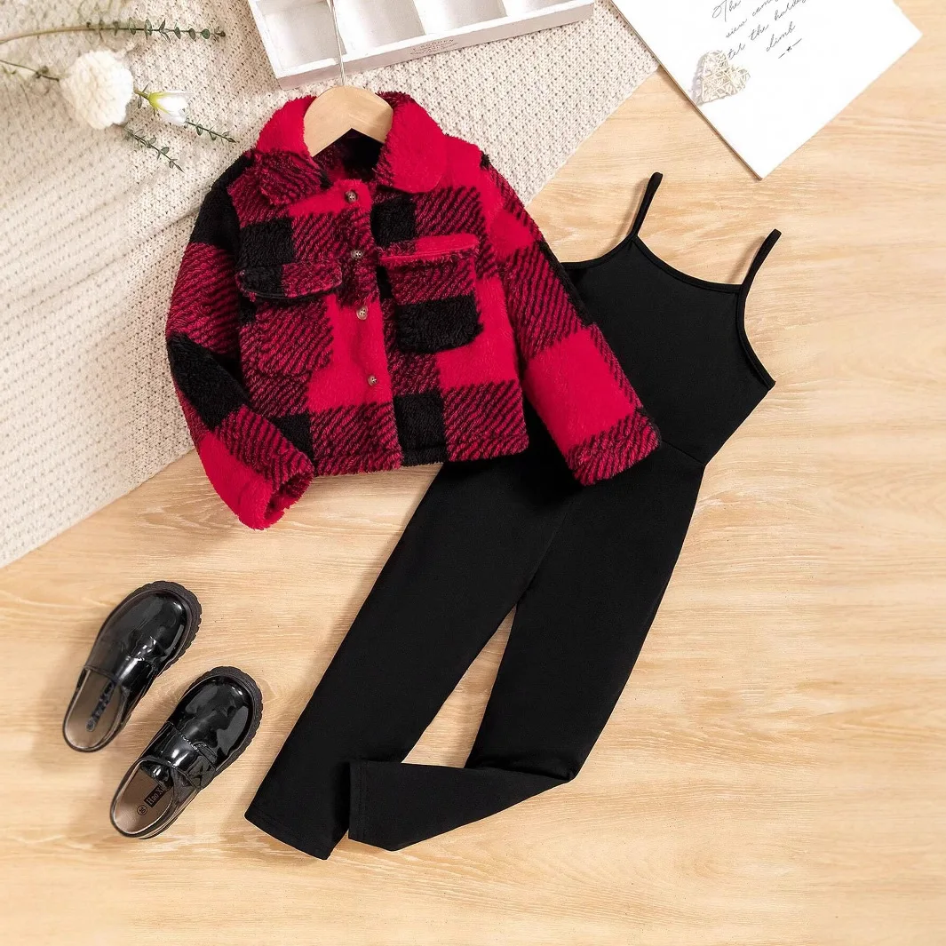 Autumn Winter New Toddler Kids Clothes Thick Girls Lapel Plaid Long-sleeved Coat Suspender One-piece Trousers Wholesale