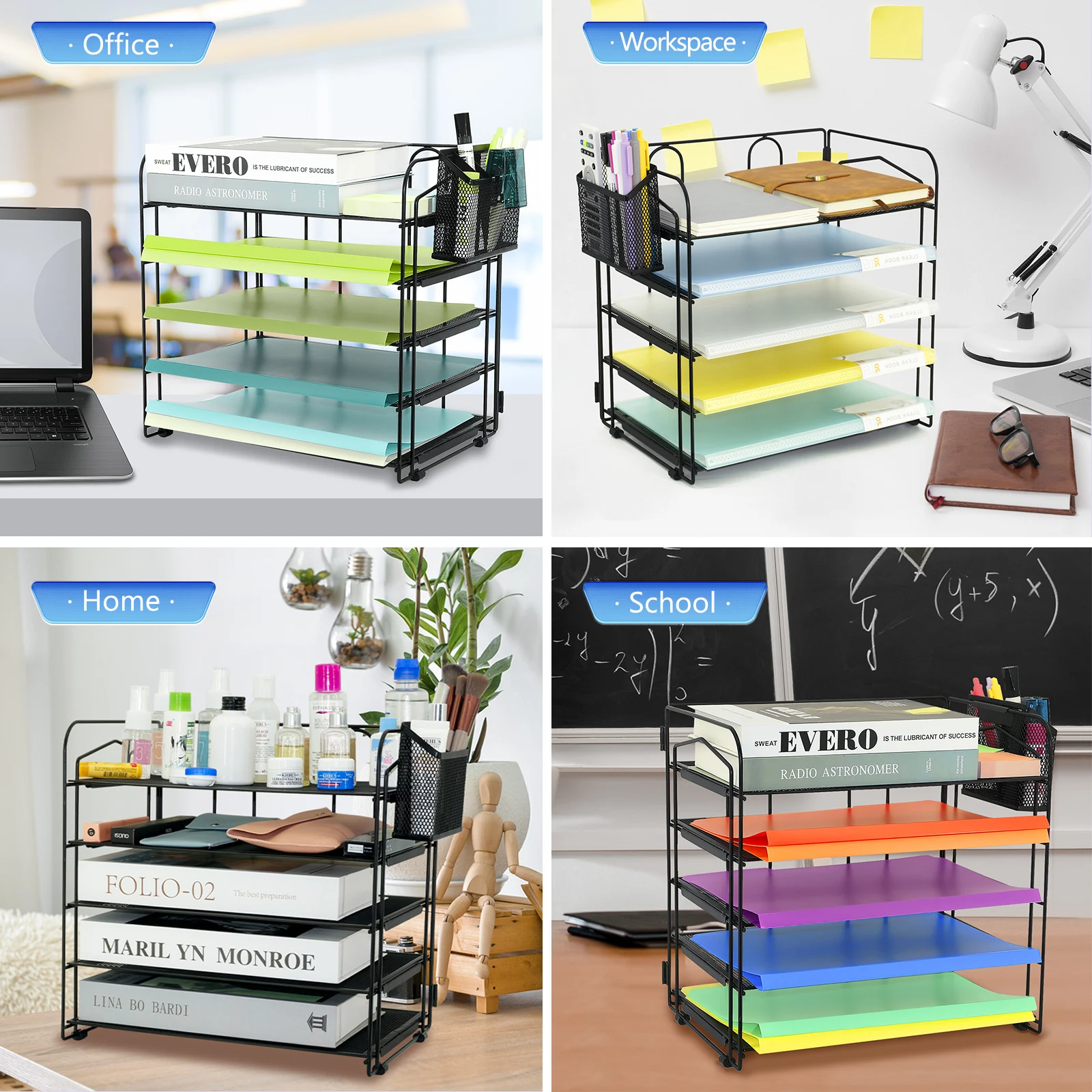 Metal 5  Tier Paper  Letter Tray  Organizer with Pen Holder and Extra pack 6 Colored Plastic  File folders,Desk Organizer Black