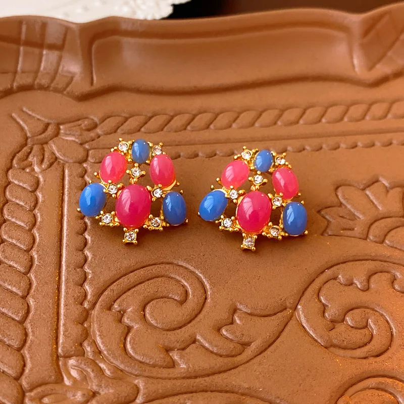 Palace Retro Style 925 Silver Needle Set Diamond Resin necklace and earrings set Exaggerate Heavy Work Rhinestone Earrings