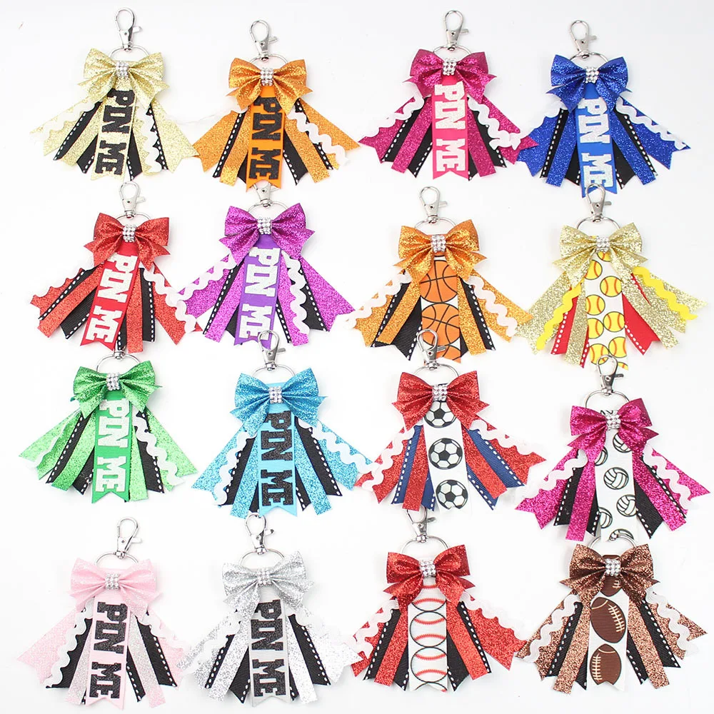 Wholesale Glitter Cheer Bows Keychain Sport Pin Me Keyring Tennis Football Basketball Volleyball Rugby Print Keychain Decoration