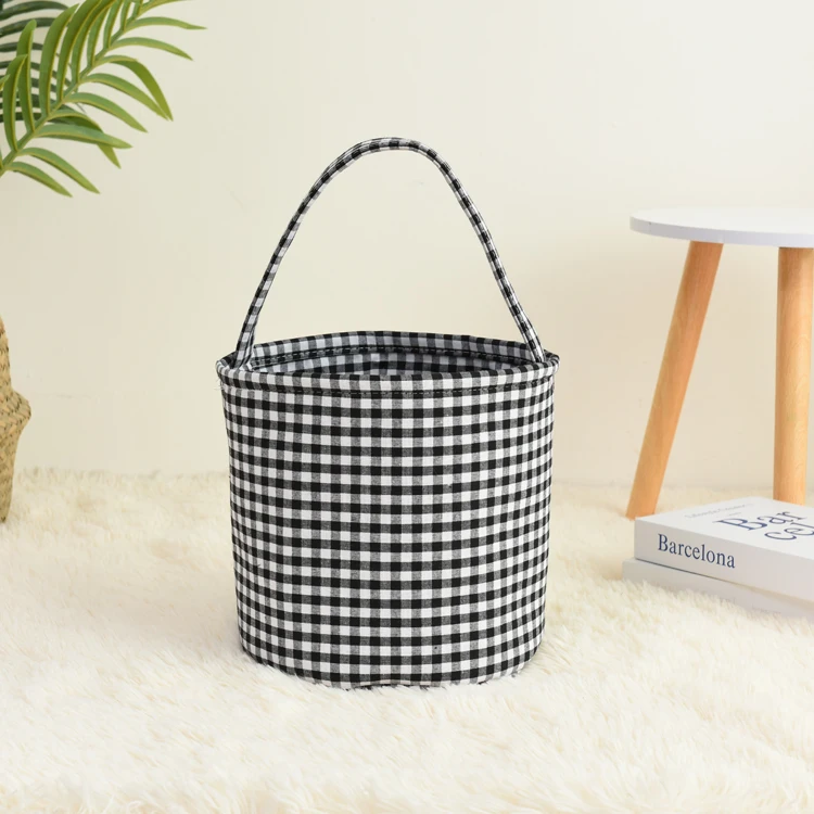 Factory Customized Kids Blue Purple Orange Black Plaid Seersucker Candy Pumpkin Trick or Treat Tote Bag Bucket Halloween Basket