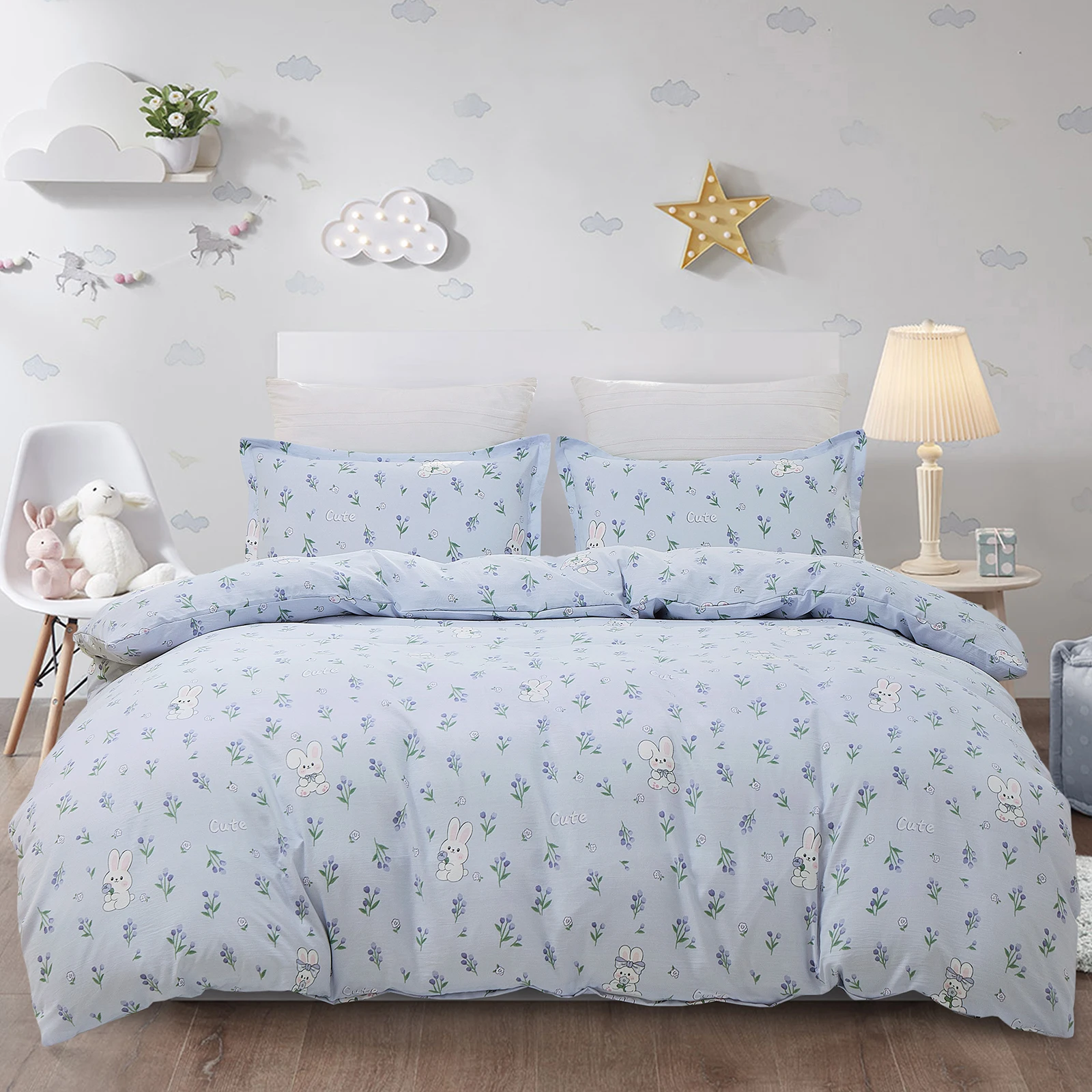 Kids Girls Full Bedding Set Lovely Cartoon rabbit Reversible Comforter Cover Set