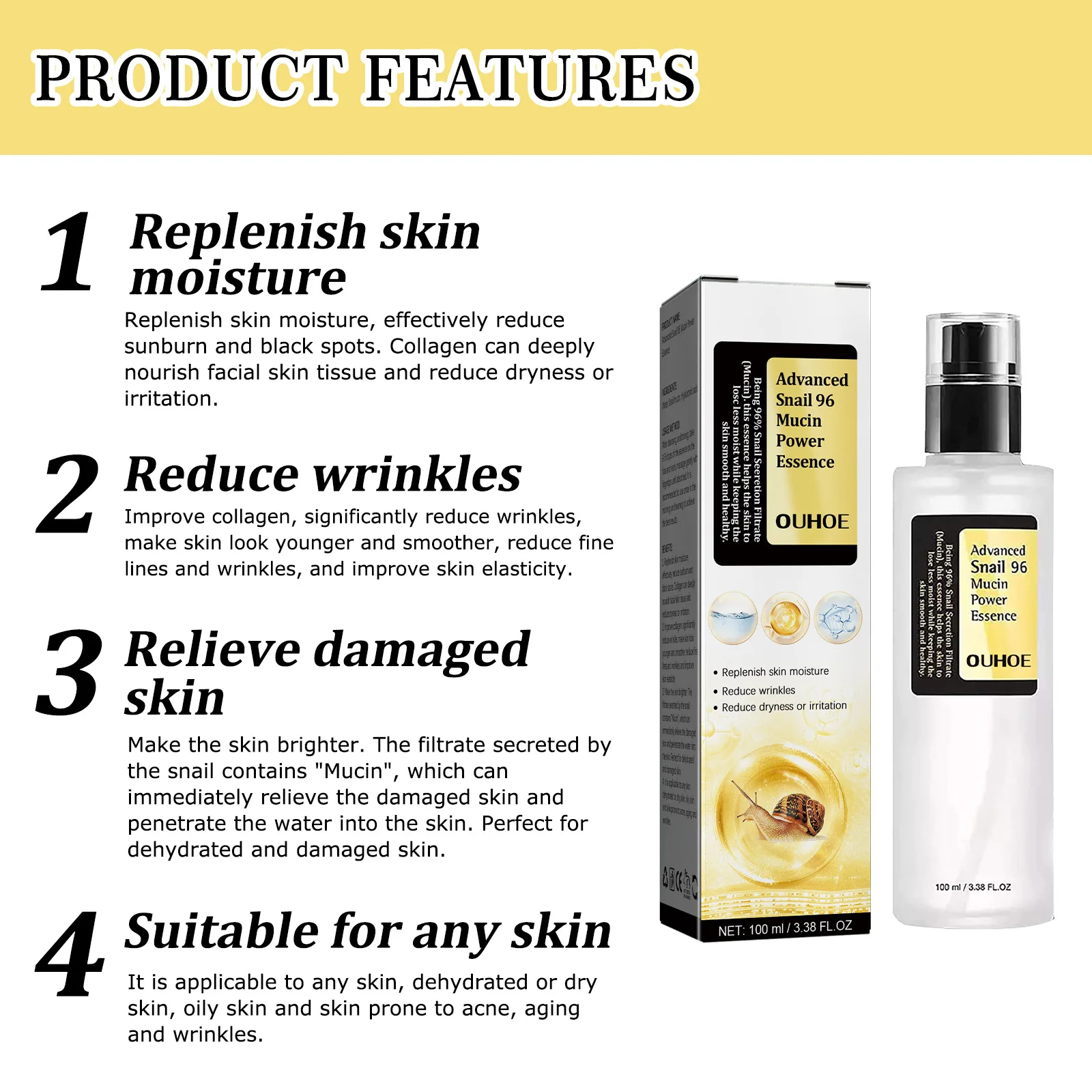 High Quality 96 Snail Serum Mucin daily Moisturizer Face Whitening Korean Skin Care OUHOE Advanced Snail 96 Mucin Power Essence