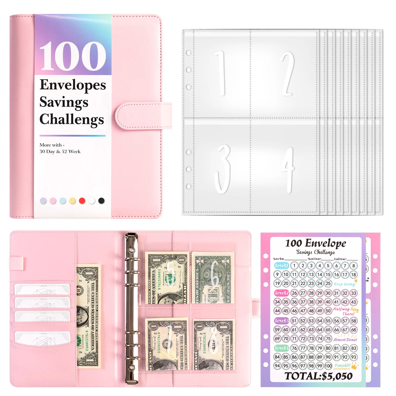 Hot sale new style 100 Day Challenge Save money hardcover PU cover Cash reserve book customizable