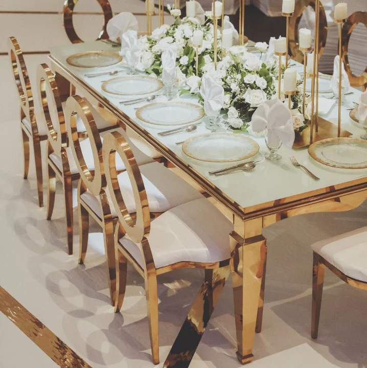 Оптовая продажа, золотые штабелируемые стулья из искусственной кожи O-образной формы из нержавеющей стали с подушкой, металлические стулья для банкетов и вечеринок в отеле