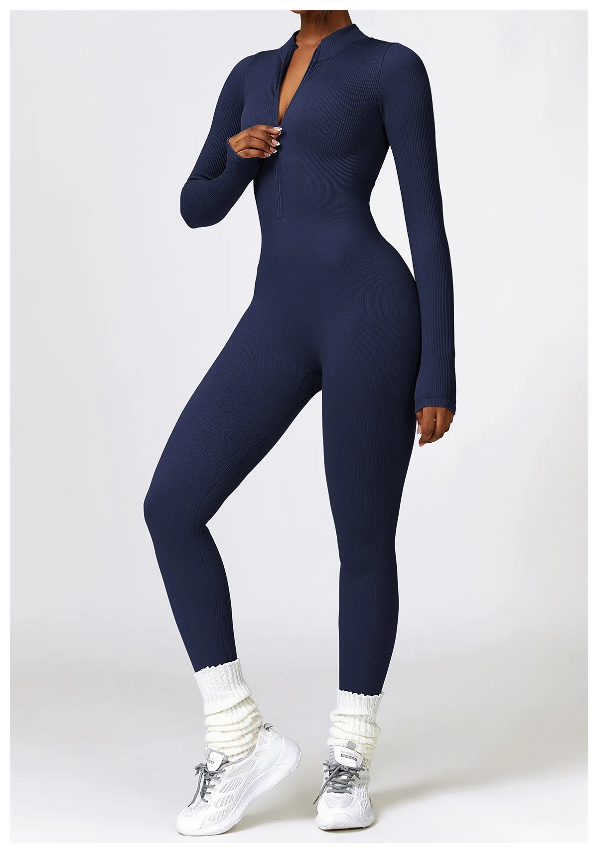 YOKE Custom Logo Gym Wear Long Sleeve One Piece Jumpsuit Exercise Workout Zipper Ribbed Yoga Body Suit For Women