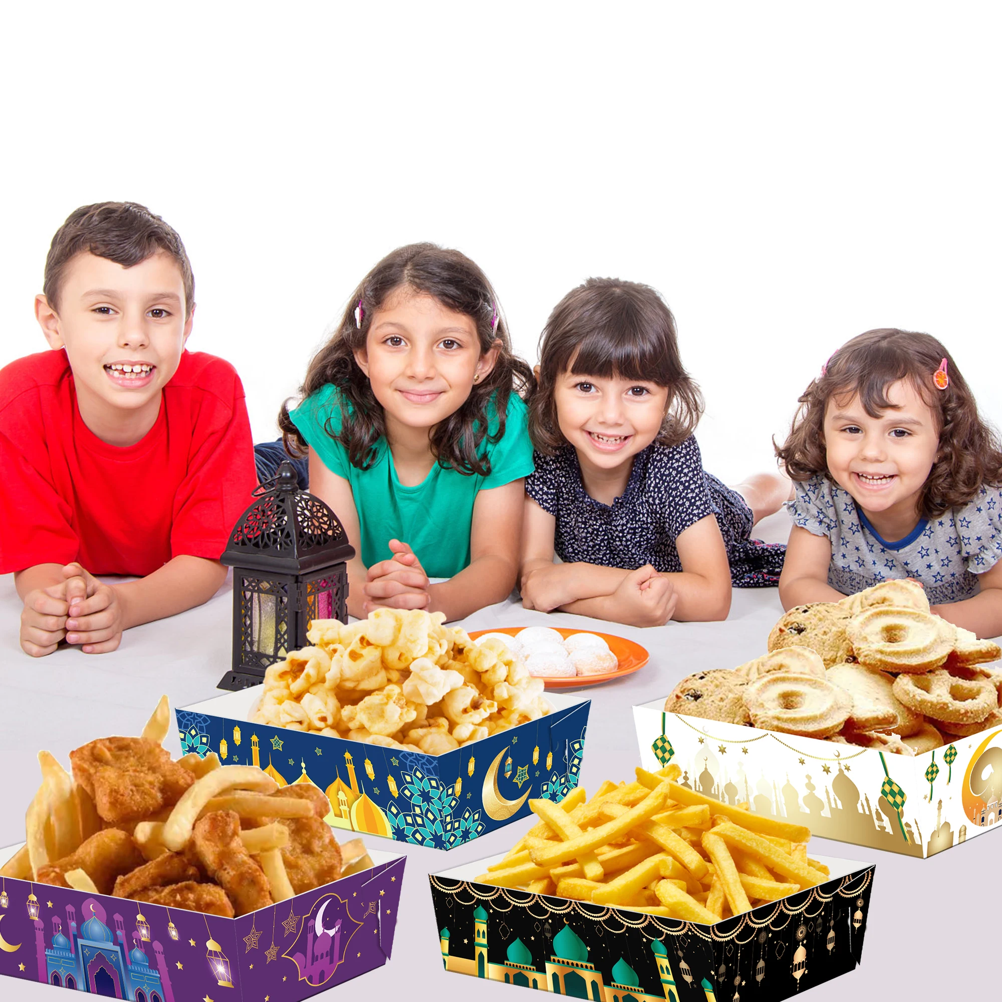 Huancai 24PCS Eid Mubarak Snack Trays Party Decor Disposable Paper Food Serving Tray Paper Food Boats for Ramadan Party Supplies