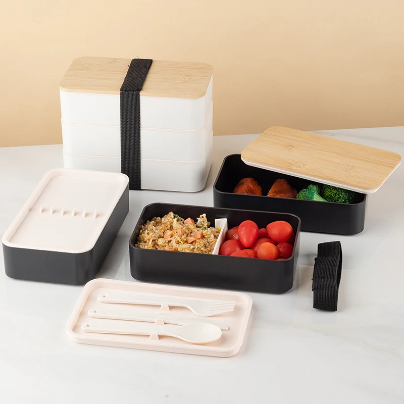 Bento Lunch Box With Divider and Cutlery Lunch Containers for Kids Bamboo Fiber Double Layer Lunch Box with Bamboo Lid