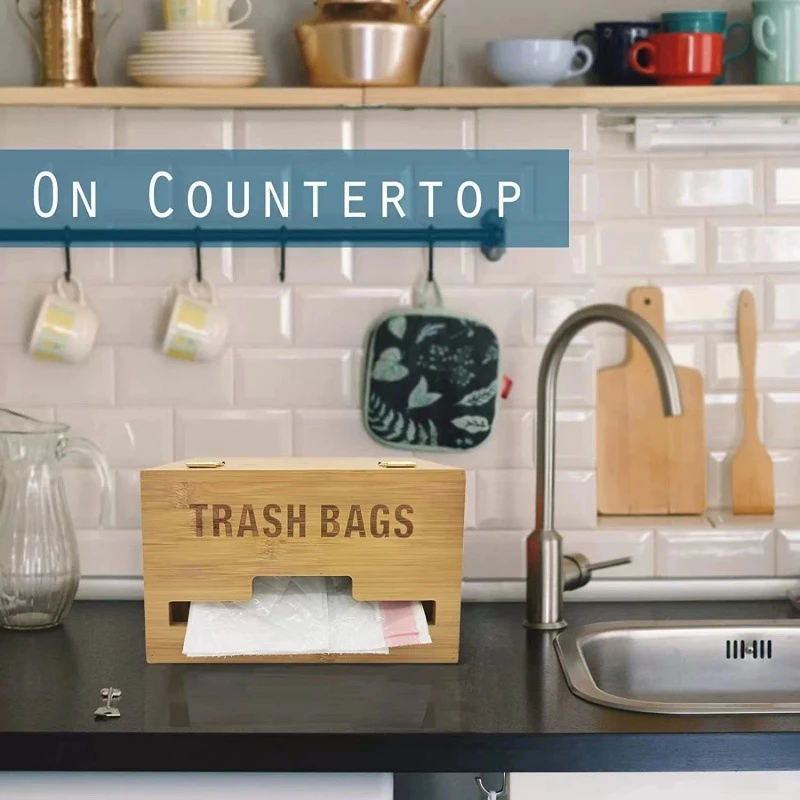 Large Trash Bag Dispenser Bamboo Garbage Bag Holder Kitchen Laundry Trash Can Organizer Wall Mounted or on Countertop