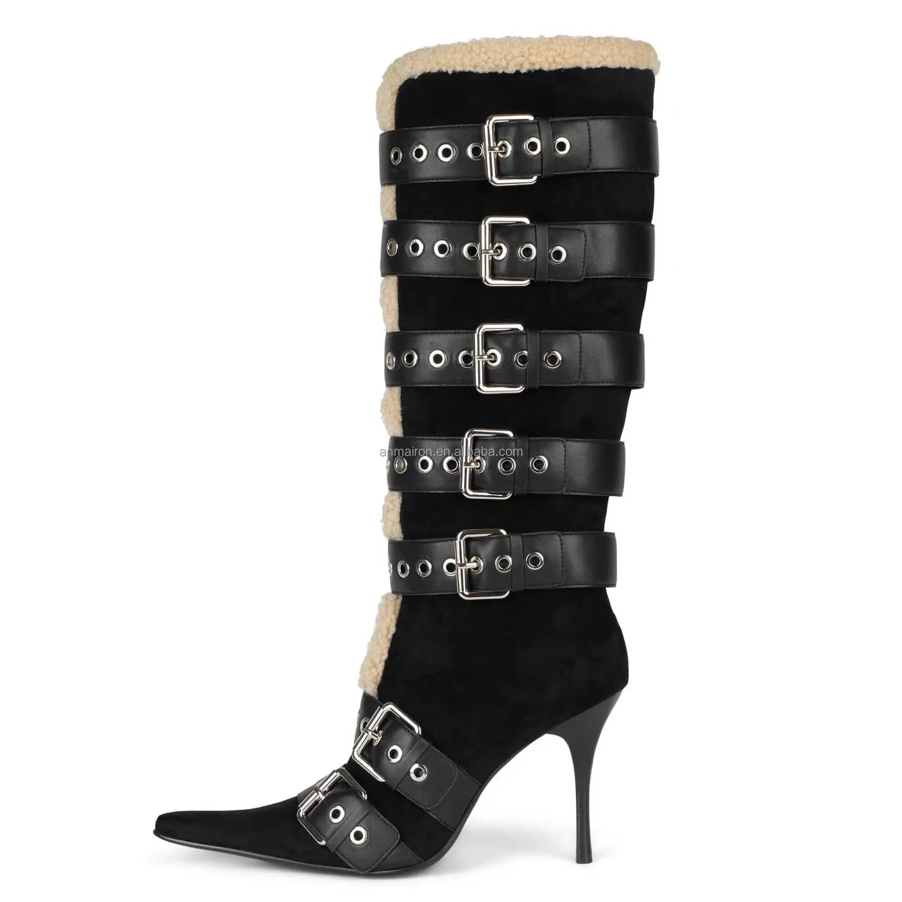 Fashion Brown Suede Pointed toe high heel boots wood heels anti-slip Snow Boots Square buckle Winter Brand Boots