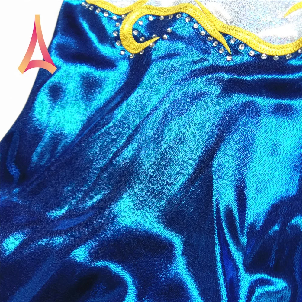 Оптовая продажа, слитное боди из спандекса, синее гимнастическое трико без рукавов для девочек, распродажа