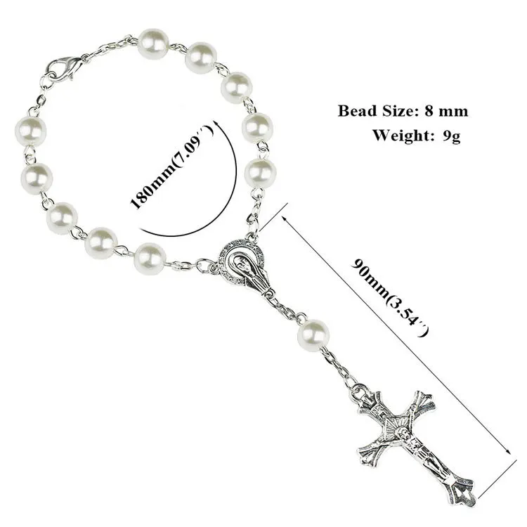 Hot selling accessories catholic rosary bracelet white imitation pearl christ cross jesus virgin bracelet wholesale