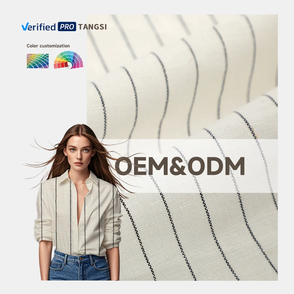 New Arrivals dress shirt cloth Yarn Dyed spandex Wholesale roll price natural colors Plaid stripe pure Linen Fabric