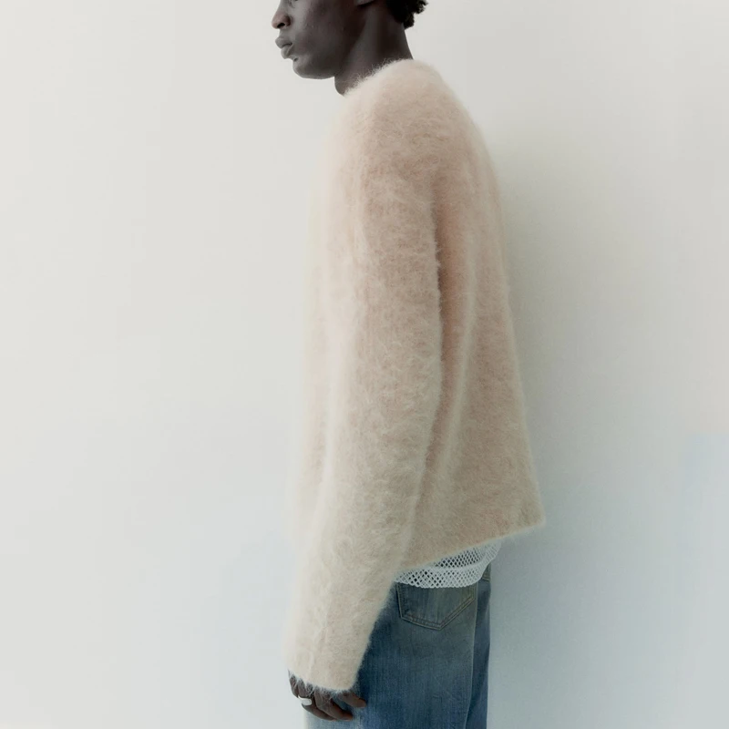 Knitwear Manunfacturers Custom Wholesale New Design Fluffy Boxy Fit Alpaca Blend Knitted Pullover Sweater Men