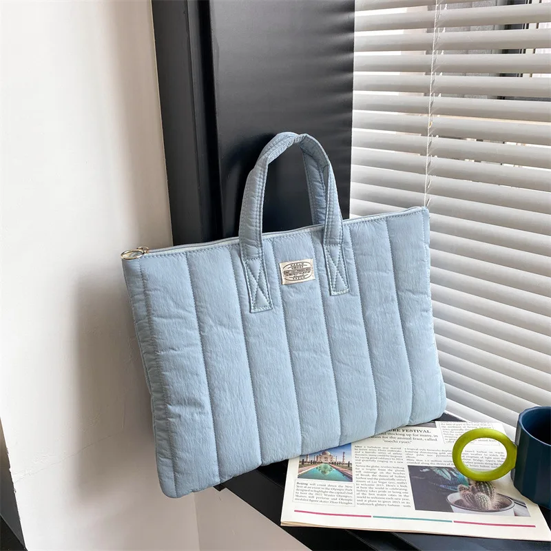 Custom Quilted Nylon Laptop Briefcase Puffy Cotton Laptop Protector Zipper Closure Shockproof Laptop Tote Bag with Handle