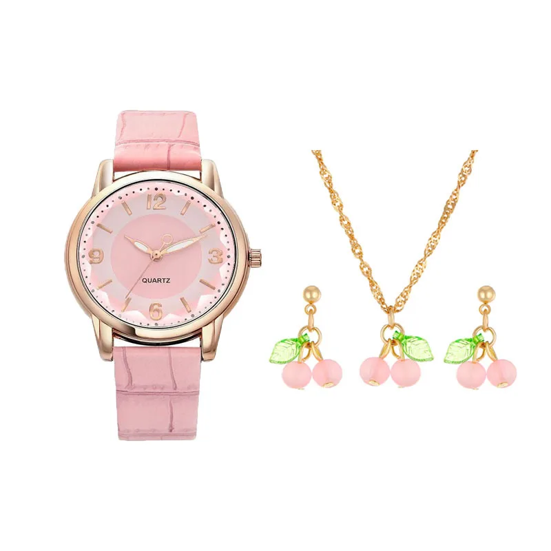 Trend 2024 new haze blue fresh cherry white sweet table fruit table quartz watch five piece set montre