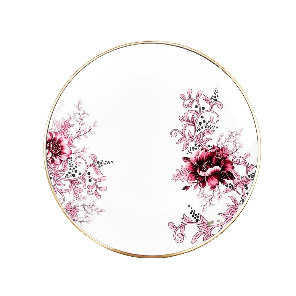 Burgundy Peony Ceramic Dinner Tableware Set Restaurant Crockery Hotelware Events Wedding Gifts Hand Engraved Sustainable