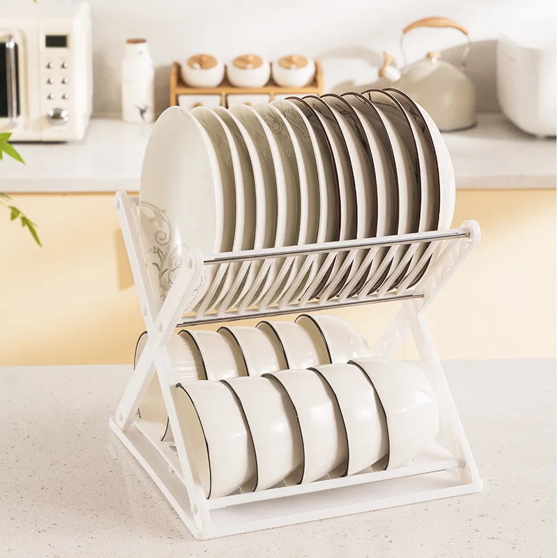 X-Type Plastic Double-Layer Kitchen Bowl Rack Multi-Functional Dish Storage and Tray Drain Holder for Tableware