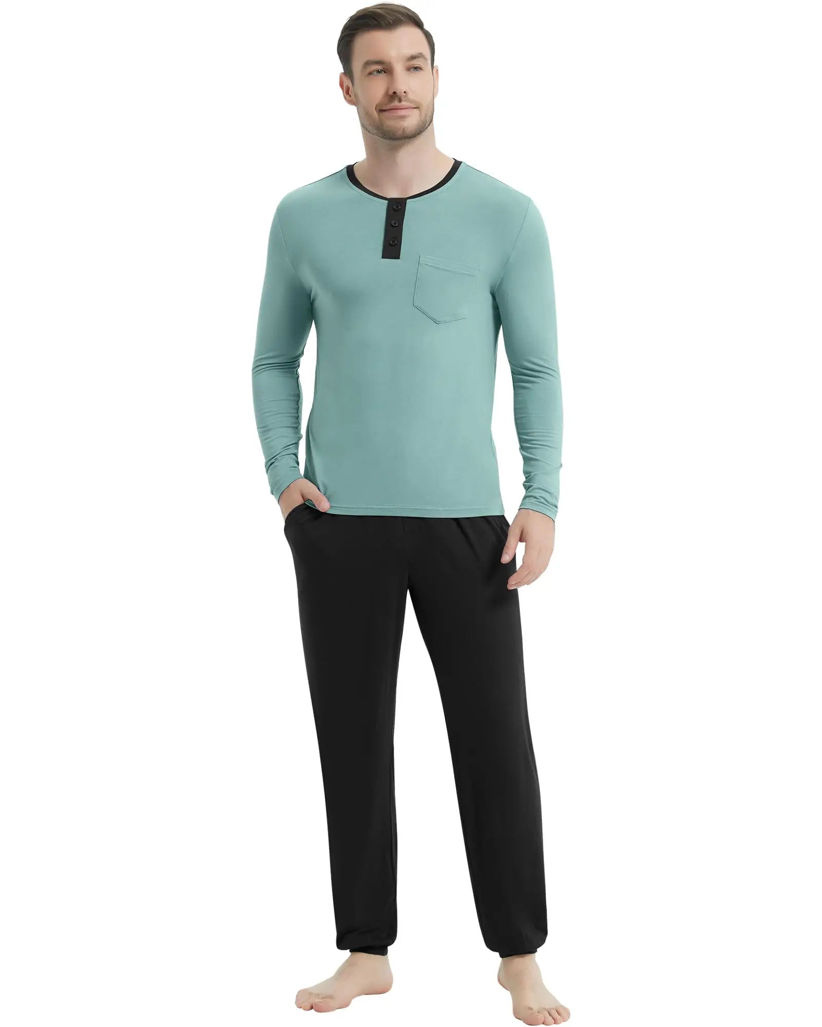 Cotton Mens Pajamas Set Long Sleeve Henley Sleepwear Top Soft Jogger Pants Pajamas Cool Pj Set Bamboo Loungewear Set