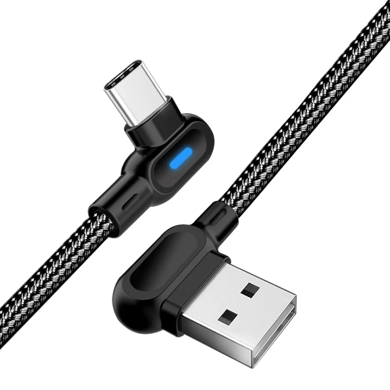 USB-C Type-C Micro USB Double elbow 90 Degree with LED Light 5V2A Fast Charge Charging Data 1M 2M Nylon Cable for iPhone 12 Pro