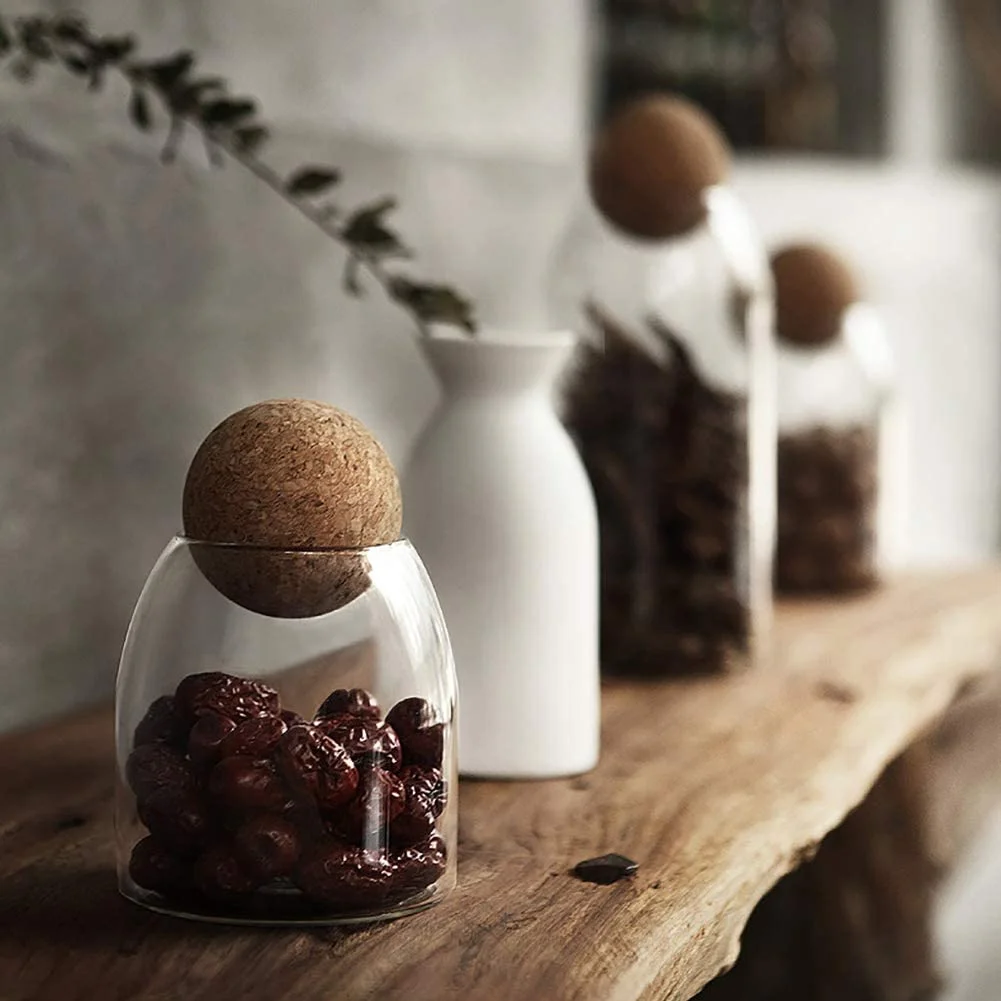 Large Round Bottle Glass Storage Jar Food Canister with Airtight Lid Glass Nut Jar with Seal Cork Ball lid