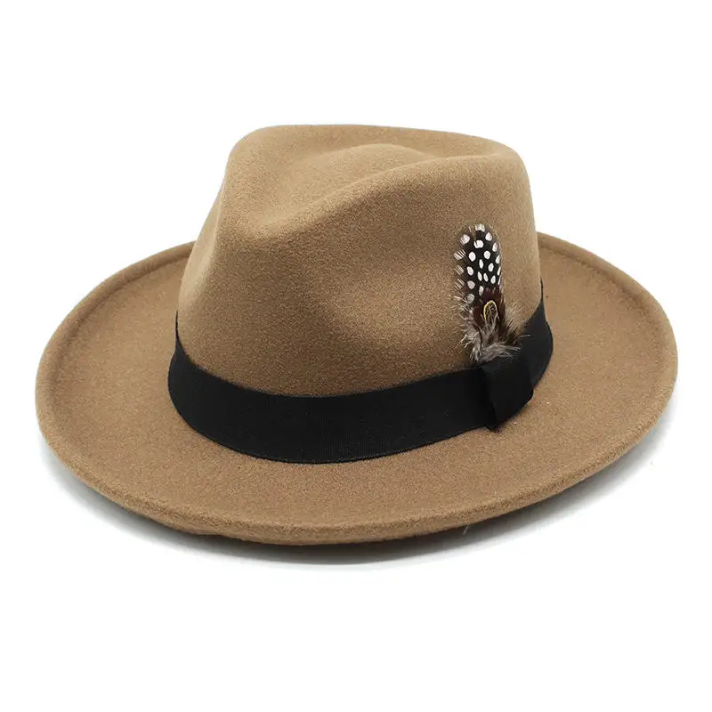2022 Cheap Faux Wool Fedora Hats For Men Autumn Fall Winter High Quality Western British Retro Feather Decoration