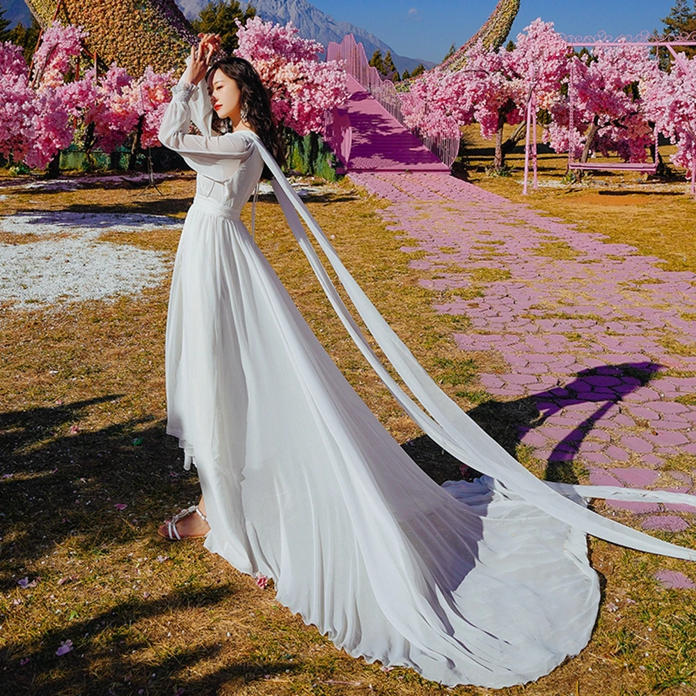 Chiffon Trailing Lantern Sleeve Long Skirt Annual Party Dress Mopping Floating Dress