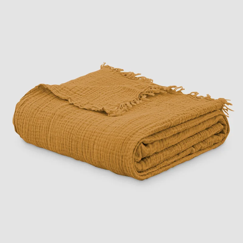 4 Layers Organic Cotton Crepe Super Soft Warm Cozy Knitted Fringed Throw Blanket With Tassels