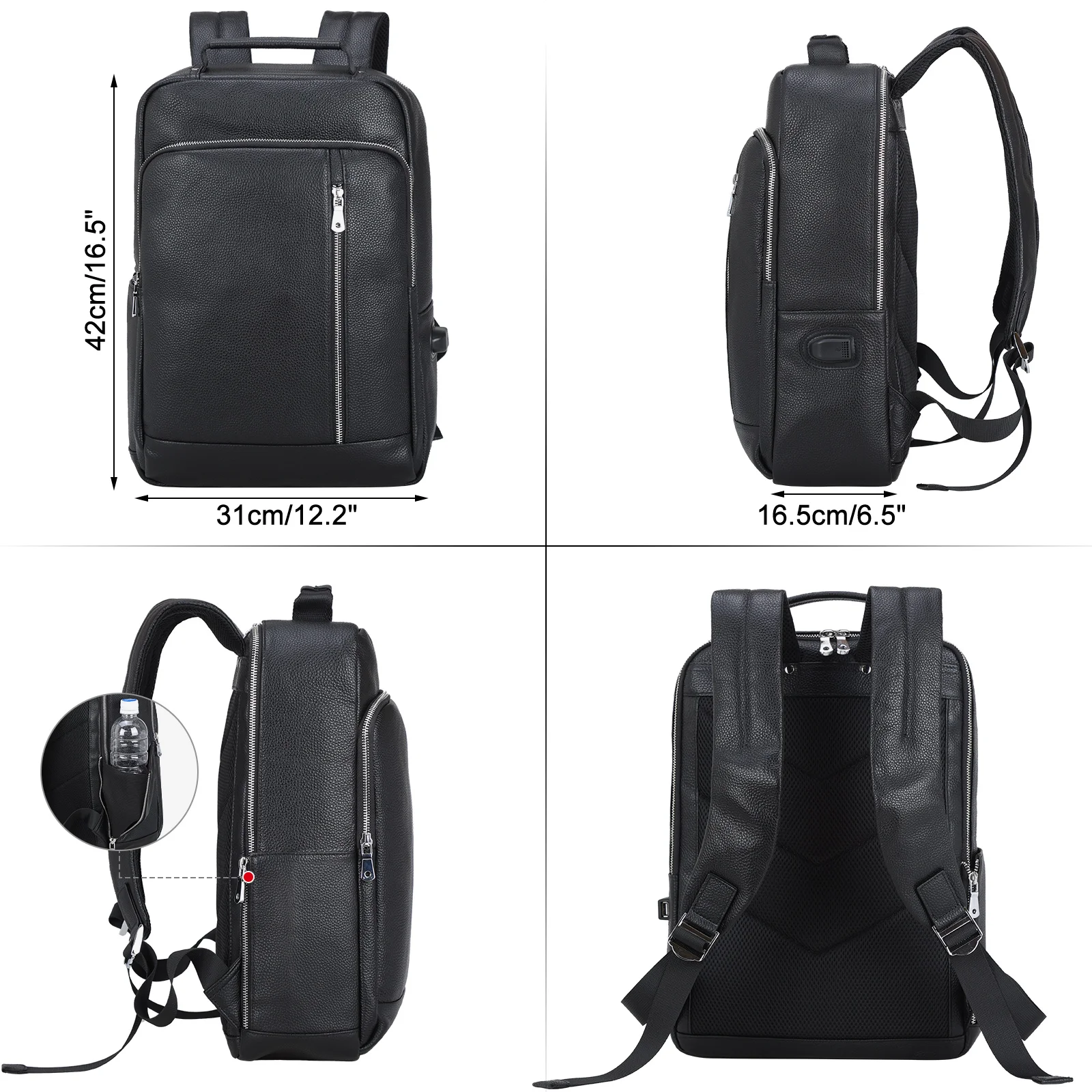 Custom Logo 15.6 Inch Cowhide Laptop Backpack Vintage Style Stock Black Full Grain Leather With USB Charging Port Casual Travel
